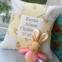 Bunny Birth & Christening Cushion, Bunny Cushion, Hare Rabbit Occasion Baby Gift, New Born Baby, Christening Gift - thumbnail 3