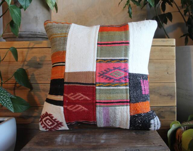 Vintage Kilim Pillow Cover - Patchwork Boho Cushion, 16 Inch - image 1