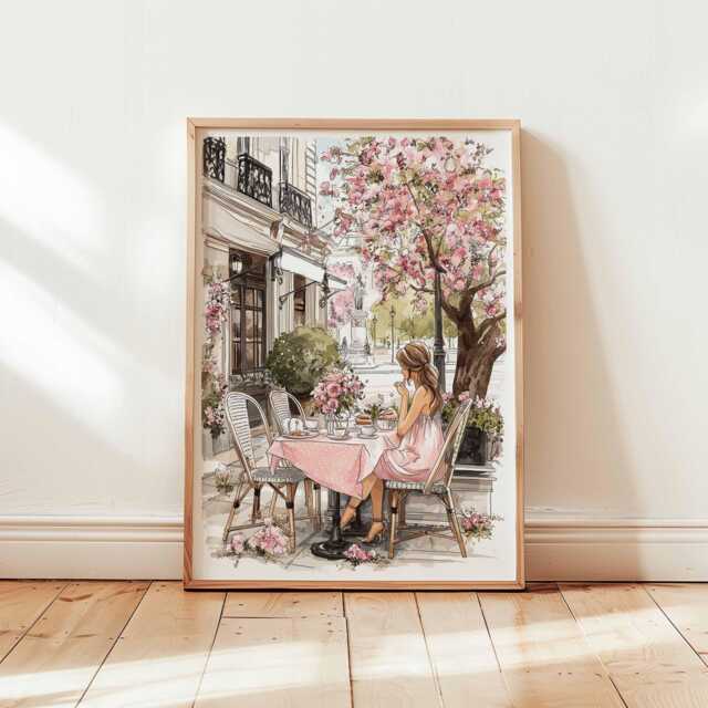 Paris Caf?? Wall Art Print Spring Blossom Poster Elegant French Girl Illustration Feminine Pink Decor Unframed Romantic Artwork - image 1