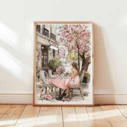 Paris Caf?? Wall Art Print Spring Blossom Poster Elegant French Girl Illustration Feminine Pink Decor Unframed Romantic Artwork - thumbnail 1