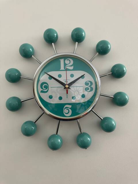 Handmade Turquoise Starburst Clock Mid-Century Modern Silent Ball Clock - image 1