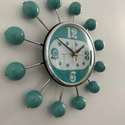 Handmade Turquoise Starburst Clock Mid-Century Modern Silent Ball Clock - thumbnail 2