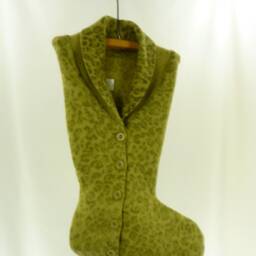 Christmas Stocking Wool Felt Camo Animal Print Green Ooak Repurposed Dana Buchman Sweater Buttons Recycled Upcycled 958 - thumbnail 2