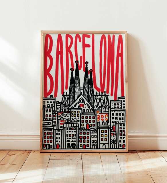Barcelona Poster, Modern Pop Art Print, City Wall Art, Bold Red Typography Artwork, Sagrada Familia Illustration, Urban Travel Home Decor - image 1