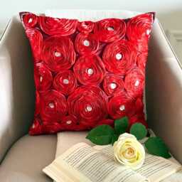 "Red Art Silk Ribbon Embroidered Rose Decorative Throw Pillow Cover, 16""x16" - thumbnail 1