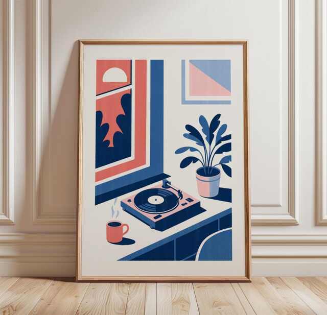 Vinyl Record Player Poster - Modern Music Wall Art Pink Blue Interior Print - image 1