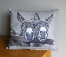 Donkeys Over Gate Square Washable Cushion By Artist Grace Scott - thumbnail 1