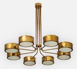 Mid Century Italian Stilnovo Glass Drum Sputnik Chandelier Handmade Patina Brass Shade Modern Focus Light Living Diningroom Pendant