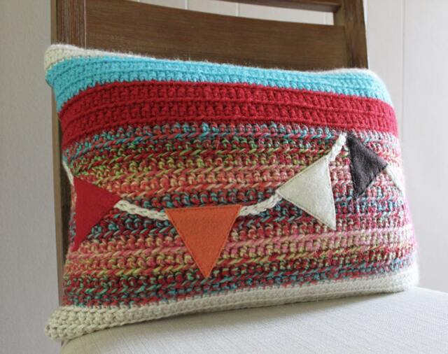 Crochet Throw Pillow Red/Cream/Rainbow Banner, Decorative Pillow, Initial, Baby Girl Gift, Nursery, 12 X 16 Lumbar - image 1