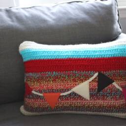 Crochet Throw Pillow Red/Cream/Rainbow Banner, Decorative Pillow, Initial, Baby Girl Gift, Nursery, 12 X 16 Lumbar - thumbnail 2