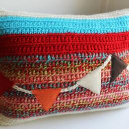 Crochet Throw Pillow Red/Cream/Rainbow Banner, Decorative Pillow, Initial, Baby Girl Gift, Nursery, 12 X 16 Lumbar - thumbnail 3