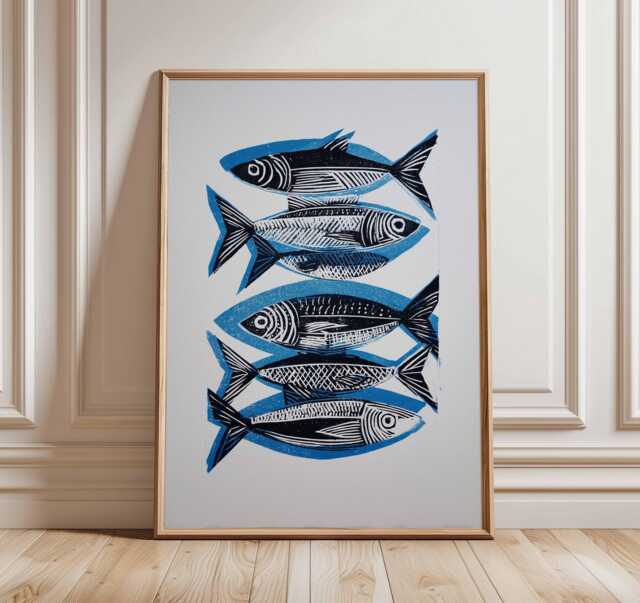 Sardine Fish Poster, Nautical Coastal Wall Art Print, Blue & Black Seafood Kitchen Decor, Modern Ocean Inspired Artwork - image 1