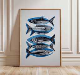 Sardine Fish Poster, Nautical Coastal Wall Art Print, Blue & Black Seafood Kitchen Decor, Modern Ocean Inspired Artwork - thumbnail 1