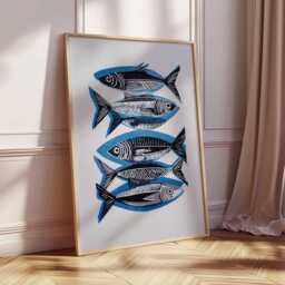 Sardine Fish Poster, Nautical Coastal Wall Art Print, Blue & Black Seafood Kitchen Decor, Modern Ocean Inspired Artwork - thumbnail 2