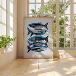 Sardine Fish Poster, Nautical Coastal Wall Art Print, Blue & Black Seafood Kitchen Decor, Modern Ocean Inspired Artwork - thumbnail 3