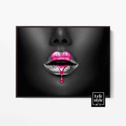 Gold Drip Lips Canvas Art, Pink Pop Art Print - Ready To Hang - thumbnail 2