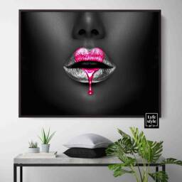 Gold Drip Lips Canvas Art, Pink Pop Art Print - Ready To Hang - thumbnail 1