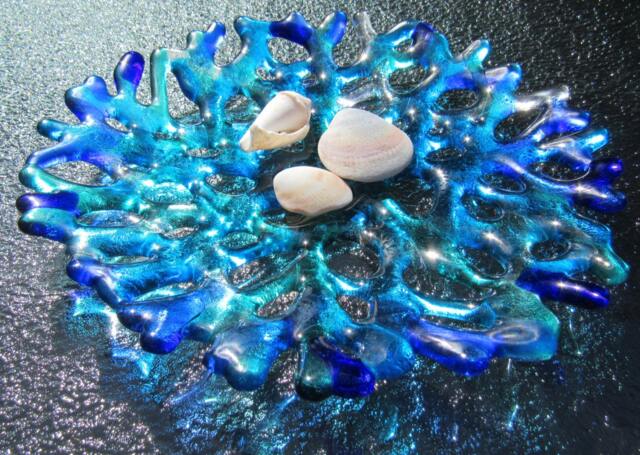 Fused Glass Coral Plate, Turquoise Blue Branching Wall Decor - image 1