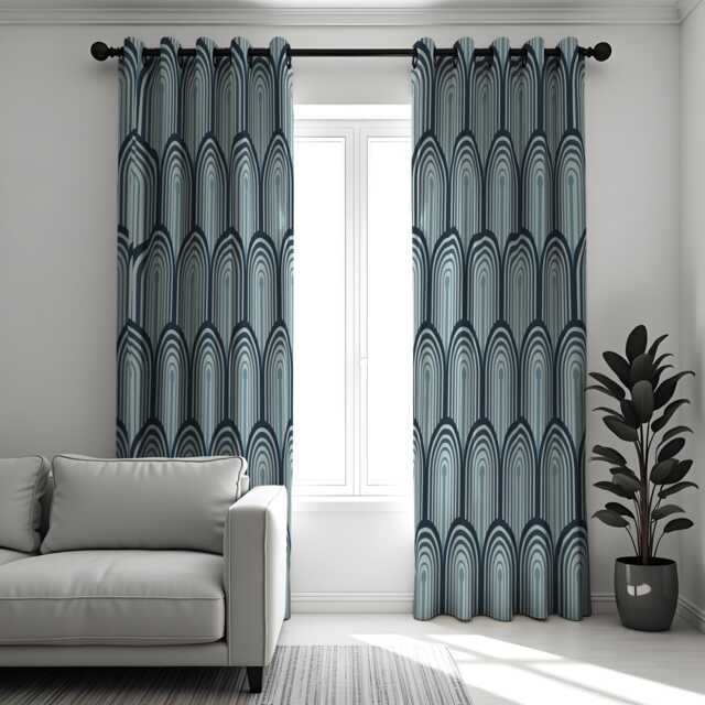 Blue Geometric Curtains, Modern Retro Arch Pattern Custom Made Drapes, Eyelet Or Rod Pocket Panels, Mid Century Home Decor - image 1