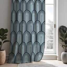 Blue Geometric Curtains, Modern Retro Arch Pattern Custom Made Drapes, Eyelet Or Rod Pocket Panels, Mid Century Home Decor - thumbnail 2
