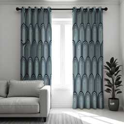 Blue Geometric Curtains, Modern Retro Arch Pattern Custom Made Drapes, Eyelet Or Rod Pocket Panels, Mid Century Home Decor - thumbnail 1