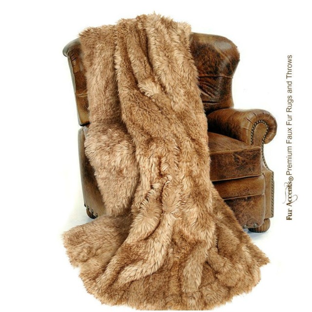 Luxury Faux Fur Throw Blanket - Light Brown Wolf, Minky Lining - image 1