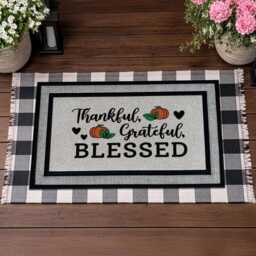 Thanksgiving Pumpkin Doormat - Grateful Thankful Blessed, Washable Porch Decor - thumbnail 3