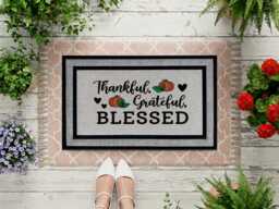 Thanksgiving Pumpkin Doormat - Grateful Thankful Blessed, Washable Porch Decor