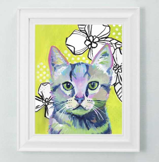 Funky Floral Cat Art Print Colorful Kids Room Decor - image 1