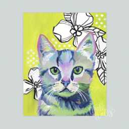 Funky Floral Cat Art Print Colorful Kids Room Decor - thumbnail 2