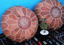 Handmade Moroccan Leather Pouf Set Brown Ottoman Footstools - thumbnail 1