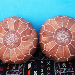Handmade Moroccan Leather Pouf Set Brown Ottoman Footstools - thumbnail 2