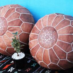 Handmade Moroccan Leather Pouf Set Brown Ottoman Footstools - thumbnail 3