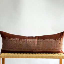 Vintage Hmong Hemp Pillow Handwoven Tribal Textile, Brown & Navy Batik - thumbnail 1