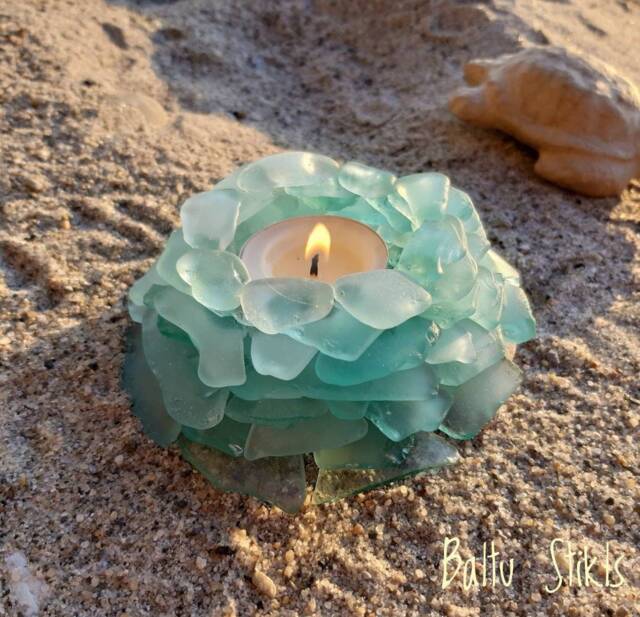 Light Blue Seaglass Tealight Holder, Blue Moon Candleholder, Turquoise Glass Candlestick, Coastal Beach Sea Art - image 1