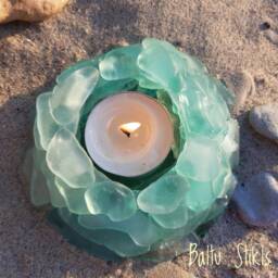Light Blue Seaglass Tealight Holder, Blue Moon Candleholder, Turquoise Glass Candlestick, Coastal Beach Sea Art - thumbnail 2