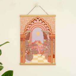 Boho Mountain Art Print Vintage Retro Pink Orange Botanical Poster - thumbnail 1