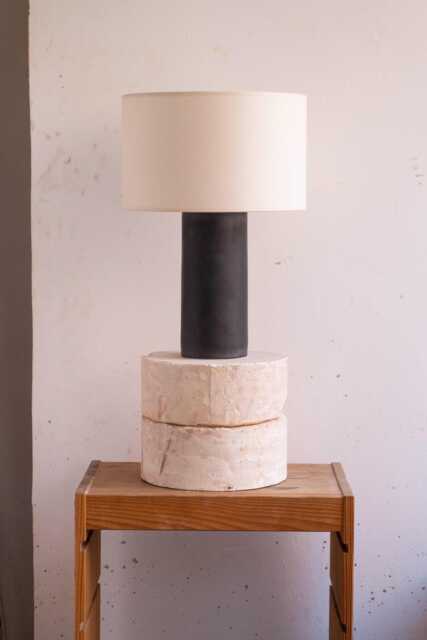Handmade Ceramic Table Lamp, A Lighting & Decorative Object. Grayish-Blue Metallic Base Canvas Shade - image 1
