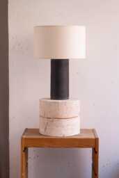 Handmade Ceramic Table Lamp, A Lighting & Decorative Object. Grayish-Blue Metallic Base Canvas Shade
