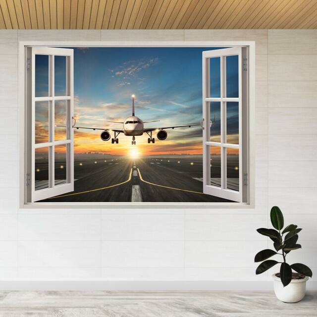 Airplane Landing Airport Runway 3D Window View Wall Sticker Poster Decal A818 - image 1