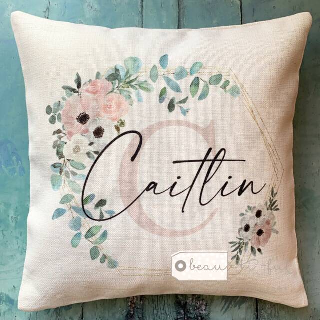 Personalised Name & Initial Peach Floral Frame Design Home Quote Linen Style Cushion Cover