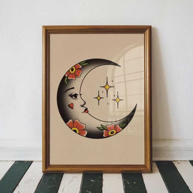 Whimsical Moon Traditional Tattoo Print Poster, Living Room Wall Print, Bedroom Decor, Dopamine Portrait Art, Studio - image 1