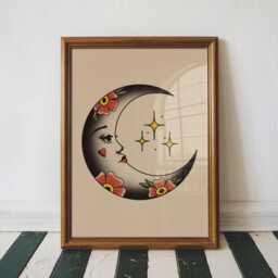 Whimsical Moon Traditional Tattoo Print Poster, Living Room Wall Print, Bedroom Decor, Dopamine Portrait Art, Studio - thumbnail 1