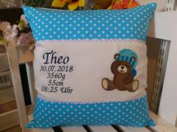 Pillow With Name For Birth, Pillow, Baby Bear - Turquoise