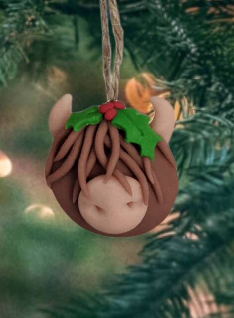 Highland Cow Christmas Clay Decoration Hanging Tree Holly Berries - image 1