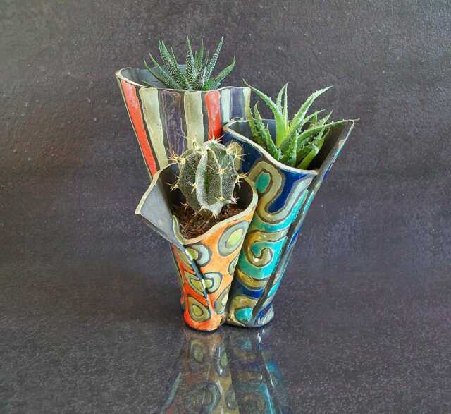 Raku Ceramic Planter Trio - Handmade Succulent Planters For Cactus & Small Plants Colorful Ikebana Pottery Custom Colors - image 1