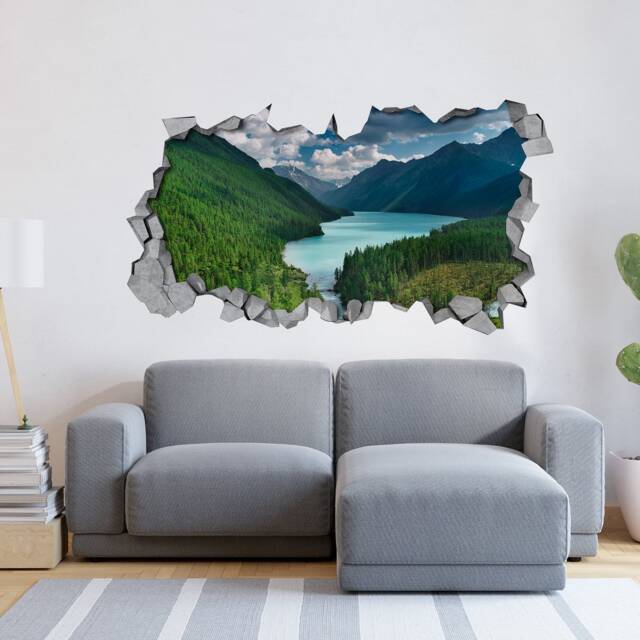 River & Mountains - Broken Wall 3D Stickers Art Sticker Decal Wallpaper Wall Decals -Sku Rimo3Dw - image 1