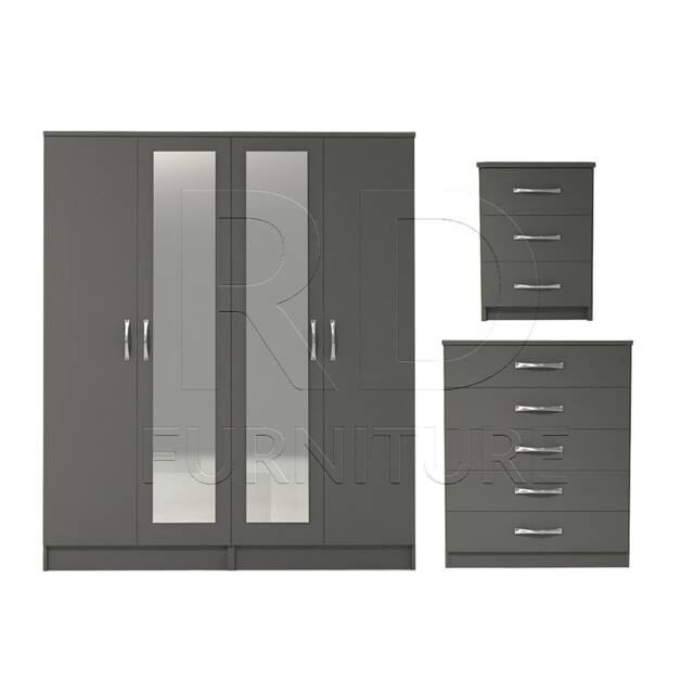 Bedroom Set, Grey Set, Wardrobe, Mirrored Chest Of Drawers & Bedside Table. Ready Assembled - image 1