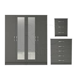 Bedroom Set, Grey Set, Wardrobe, Mirrored Chest Of Drawers & Bedside Table. Ready Assembled - thumbnail 1