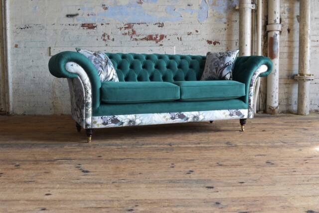 Handmade 3 Seater Green Velvet Fabric Chesterfield Sofa - Contrasting Chic Floral Pattern - image 1